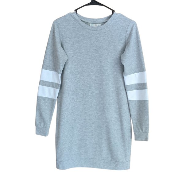 love, Fire Dresses & Skirts - Cozy Long-Sleeved Sweatshirt Dress | Grey | White Striped Sleeves | Size: XS